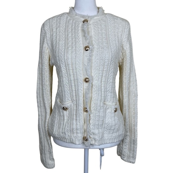 Tahari Button Up Fringe Cable Knit Cardigan Sweater Blazer Ivory Luxury Elegant - Picture 4 of 16
